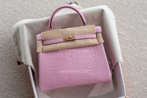 Hermes Kelly25 Bubblegum Pink 5P Matte Crocodile Alligator & 4Z GrisMouette Rose gold hardware 樱花粉拼海鸥灰