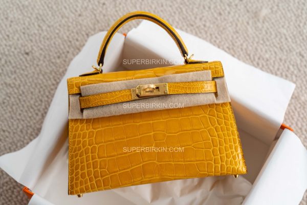 Hermes Mini Kelly 2 II Jaune Ambre 9D Shiny Alligator Crocodile GHW 琥珀黄 亮面 金扣